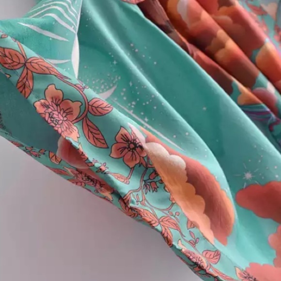 Green Cosmic Galaxy Moon Boho Short Kimono Coverup Robe - Picture 11 of 11